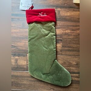 NWT Pottery Barn Green Red Velvet Large Christmas Stocking Monogrammed Nicole